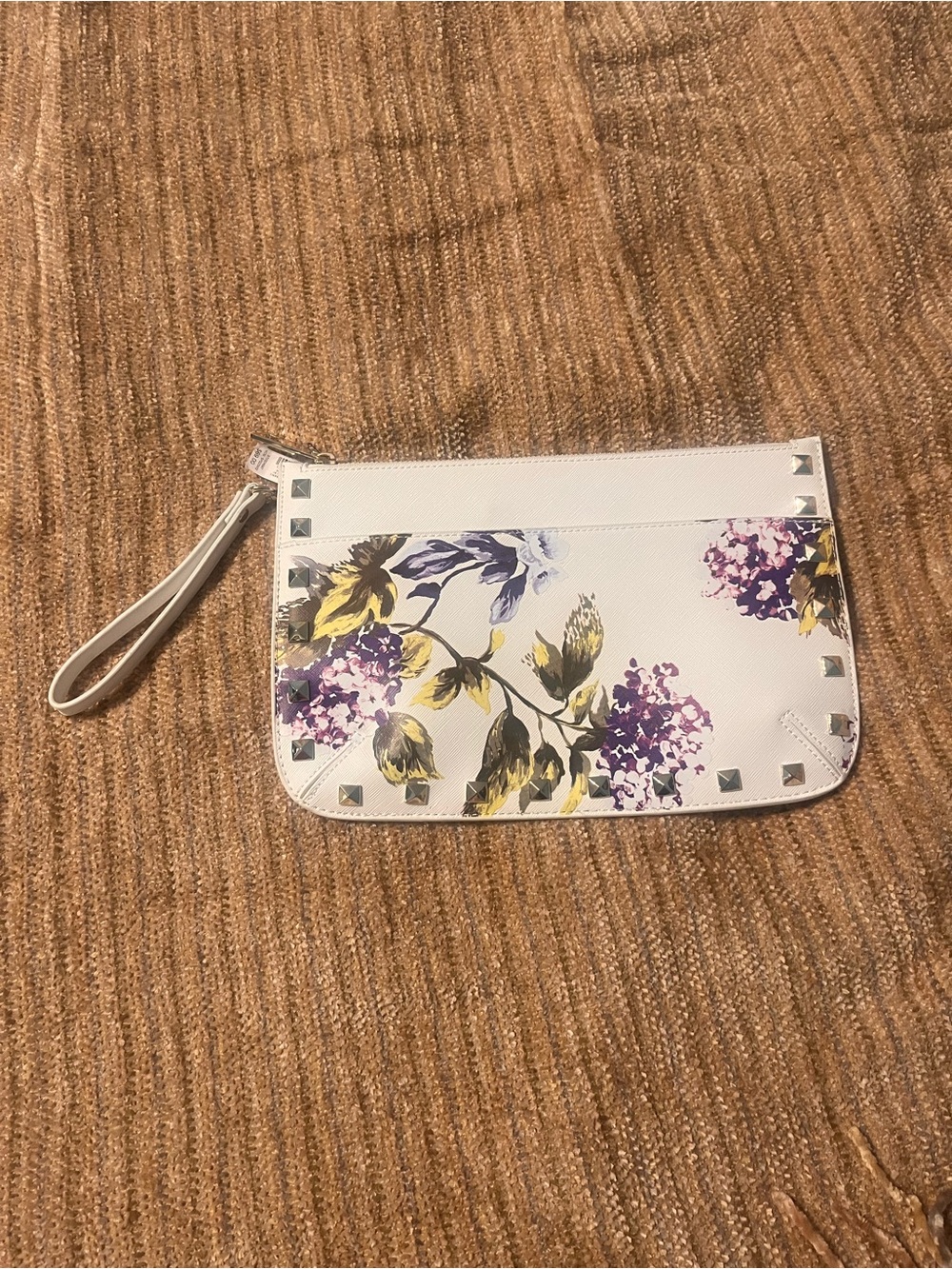 White House Black Market White Floral Wristlet with Purple and Yellow Accents